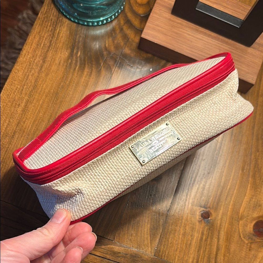 Laura Geller Beige and Red Cosmetic Bag
